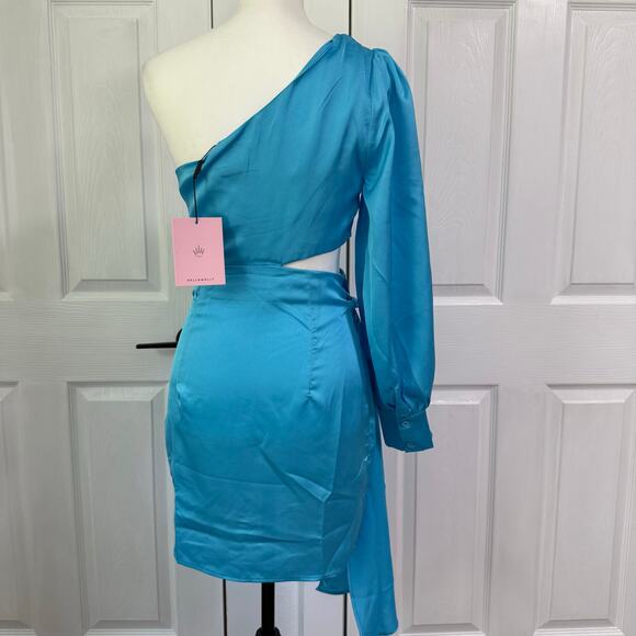 Hello Molly New Women's Blue Satin One Shoulder Cut Out Mini Dress Size 4 - Picture 12 of 14